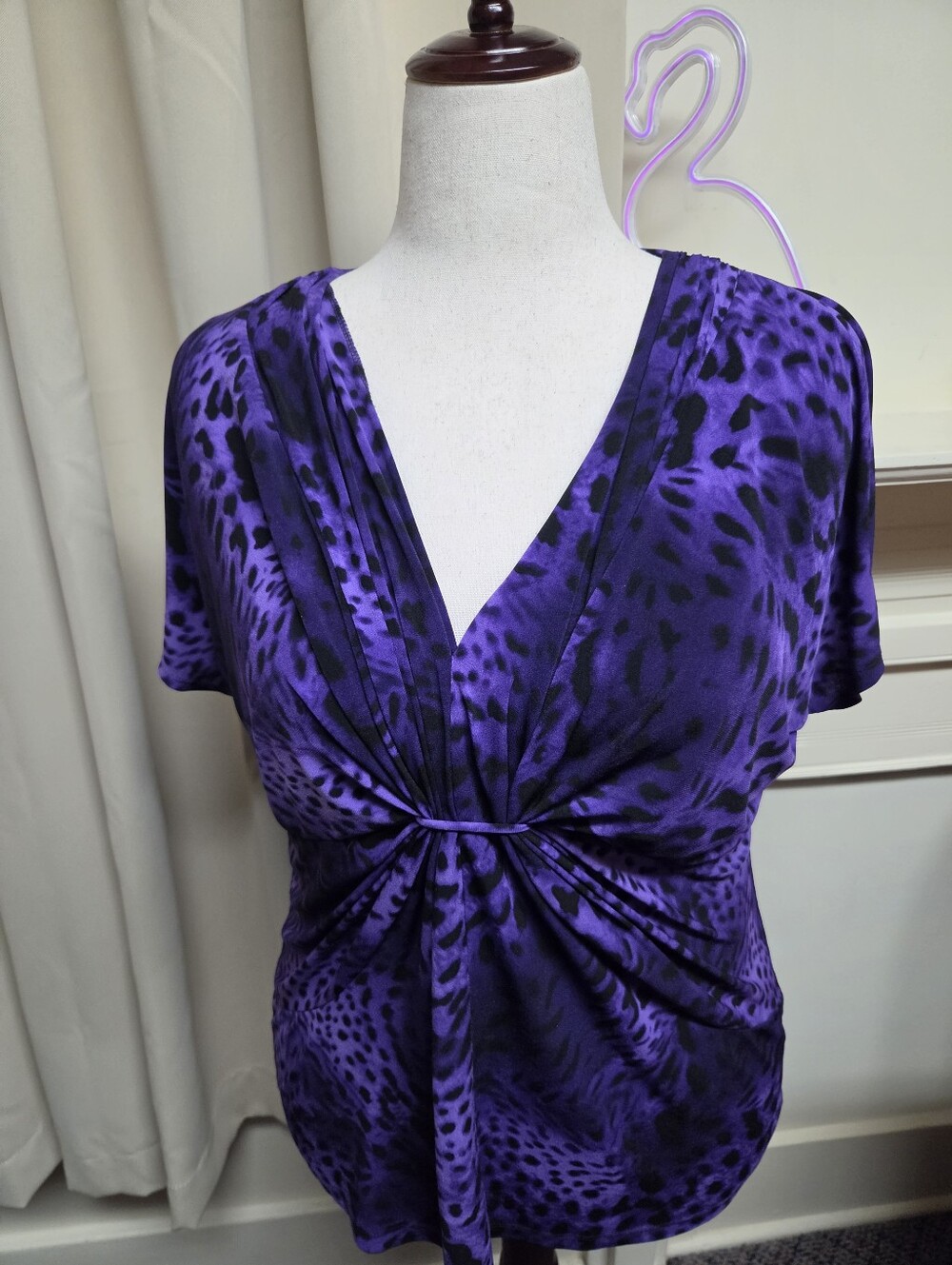Purple & Black Knot Front V-Neck Animal Print Top Size XL